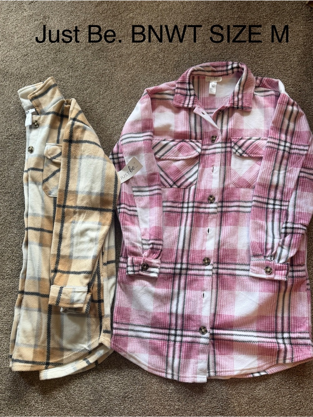 just be Pink and White Plaid Button-Up Shacket/flannel/fleece both size m